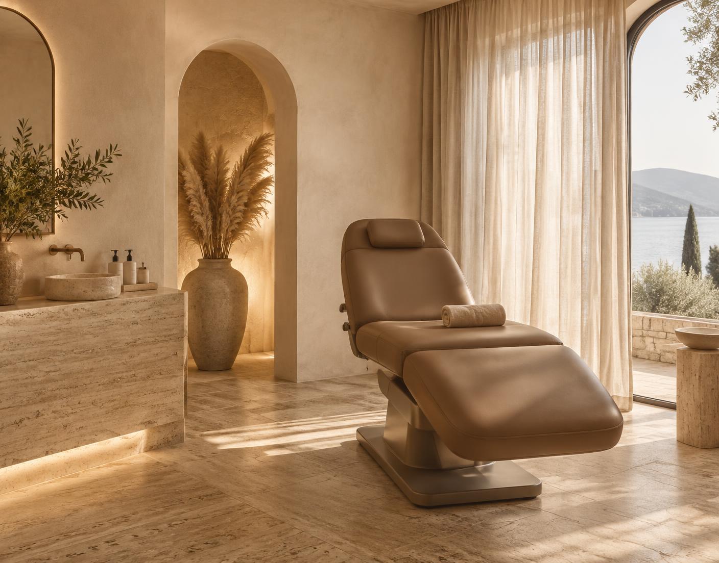 The North + Bronze treatment suite with travertine and linen
